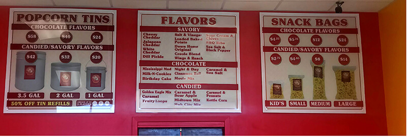 Southern Kernels Gourmet Popcorn menu signs